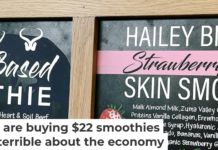 A selection of smoothies are listed in front of the high-end grocer Erewhon in Culver City, Calif., on July 17, 2024. Photo by Dania Maxwell/Los Angeles Times via Getty Images